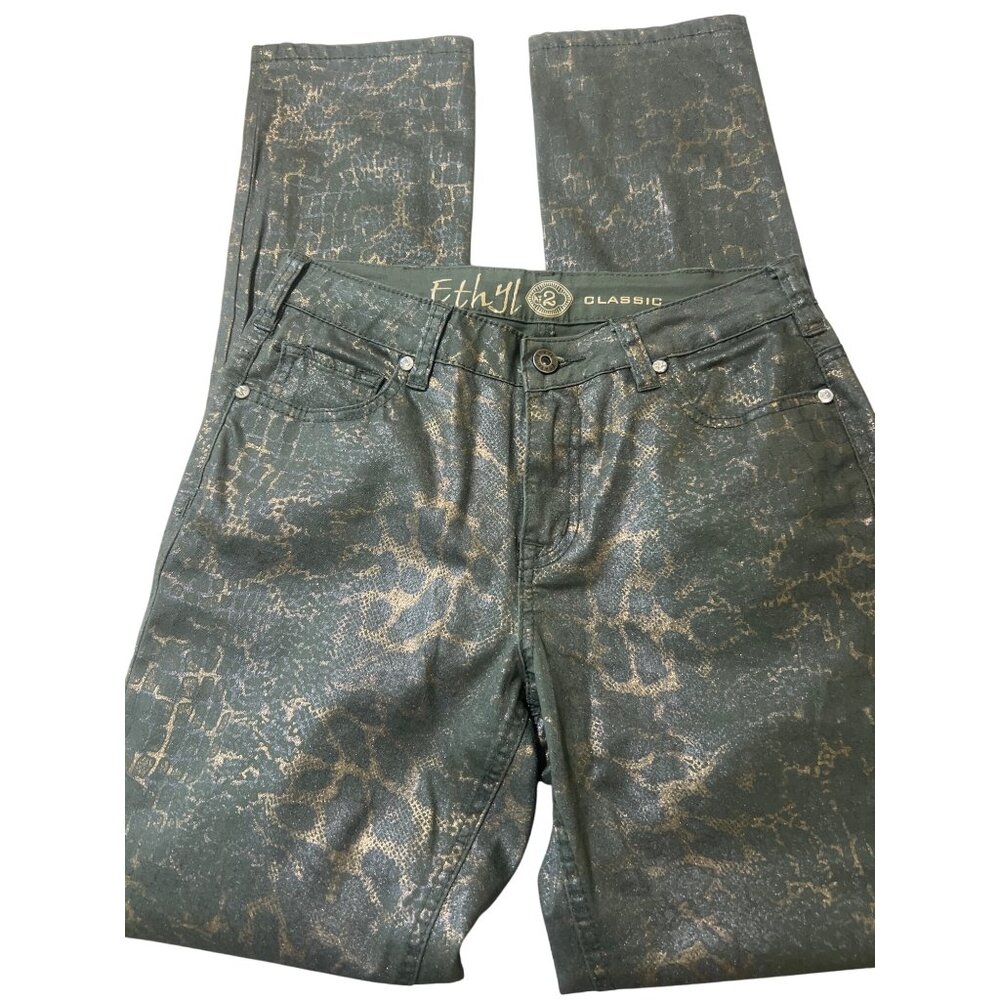Ethyl Classic Jeans Olive Green Metallic Snake Print Rhinestone Skinny Sz 2 NWOT